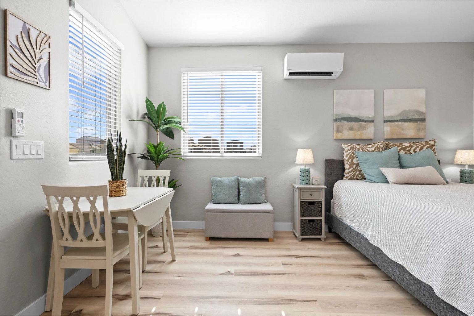Open sleeping and dining area inside a Baja Bungalows tiny home
