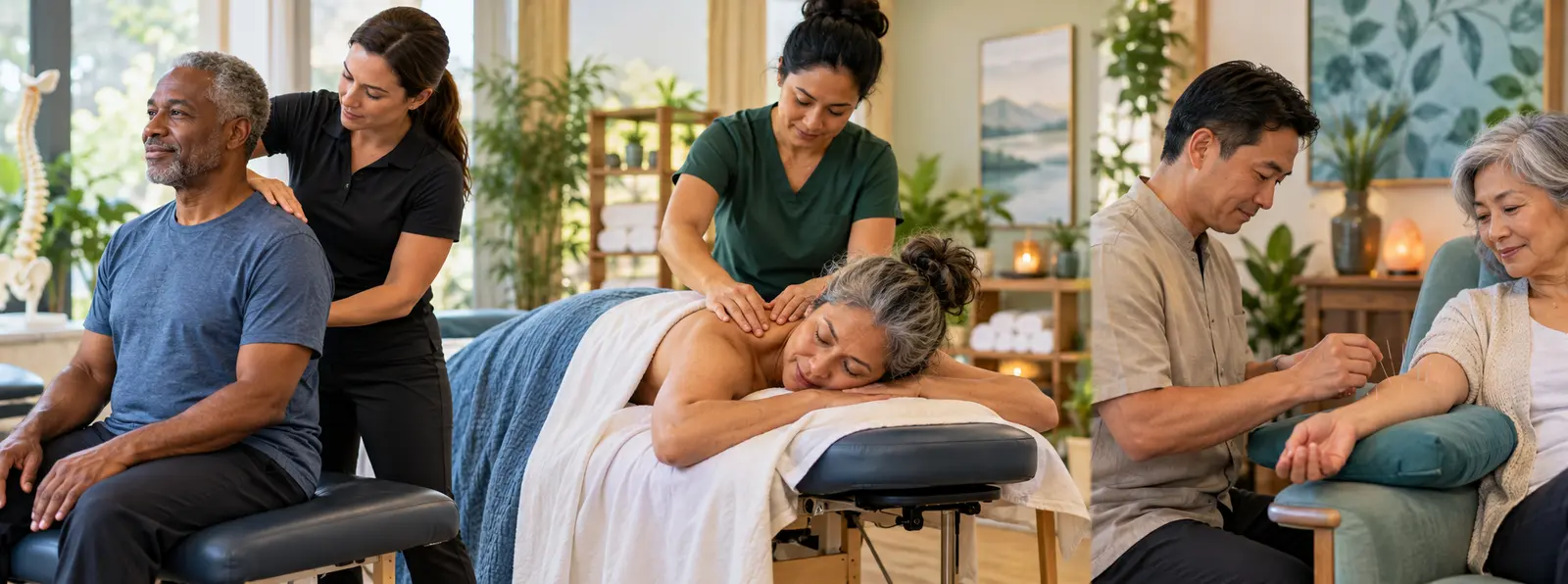 Older and middle-aged adults receiving chiropractic posture care, therapeutic massage, and acupuncture in a welcoming wellness studio