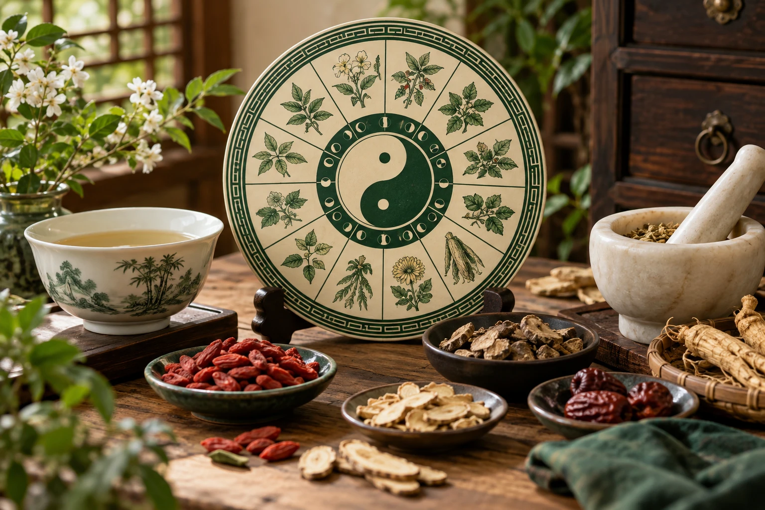 Chinese herbal apothecary with dried herbs, porcelain bowls, and a traditional body-clock motif