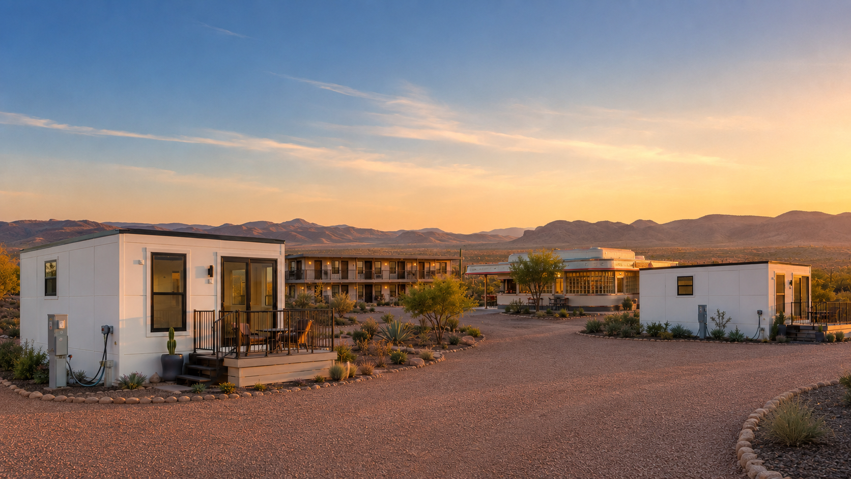 Concept showing Baby Boxabl homes with a motel and 1950s-style diner at a high-desert RV park