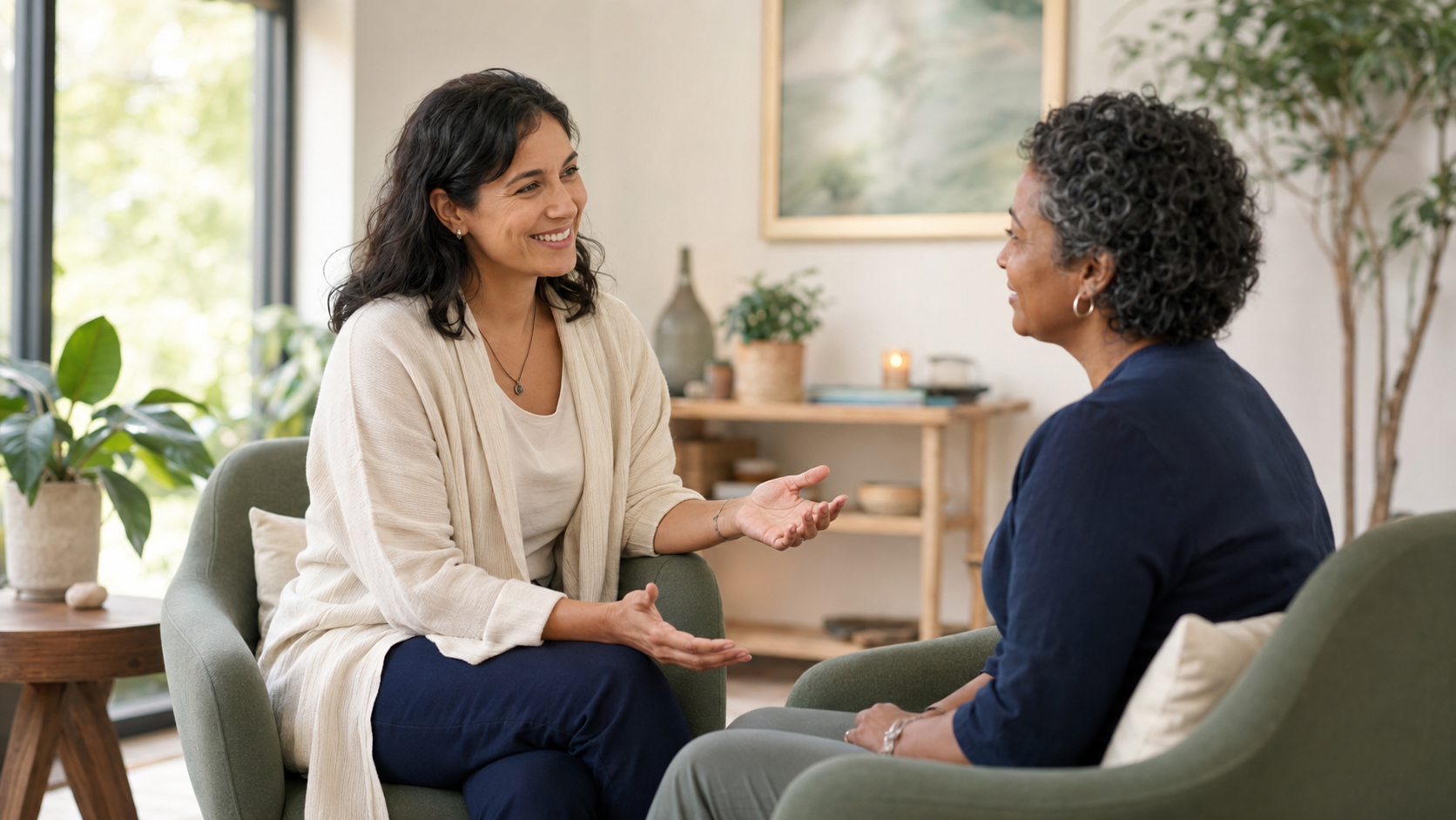 A wellness practitioner having a compassionate conversation with a patient