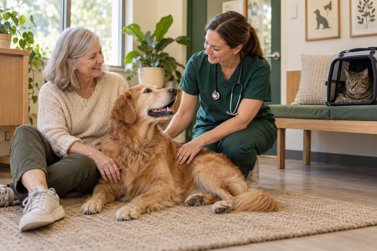 Illustrative animal-care scene with a veterinary professional, pet owner, dog, and cat