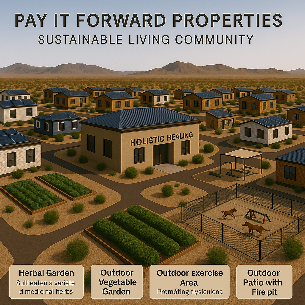 Pay It Forward Properties sustainable living community with tiny homes, a holistic healing center, gardens, exercise space, and a dog park