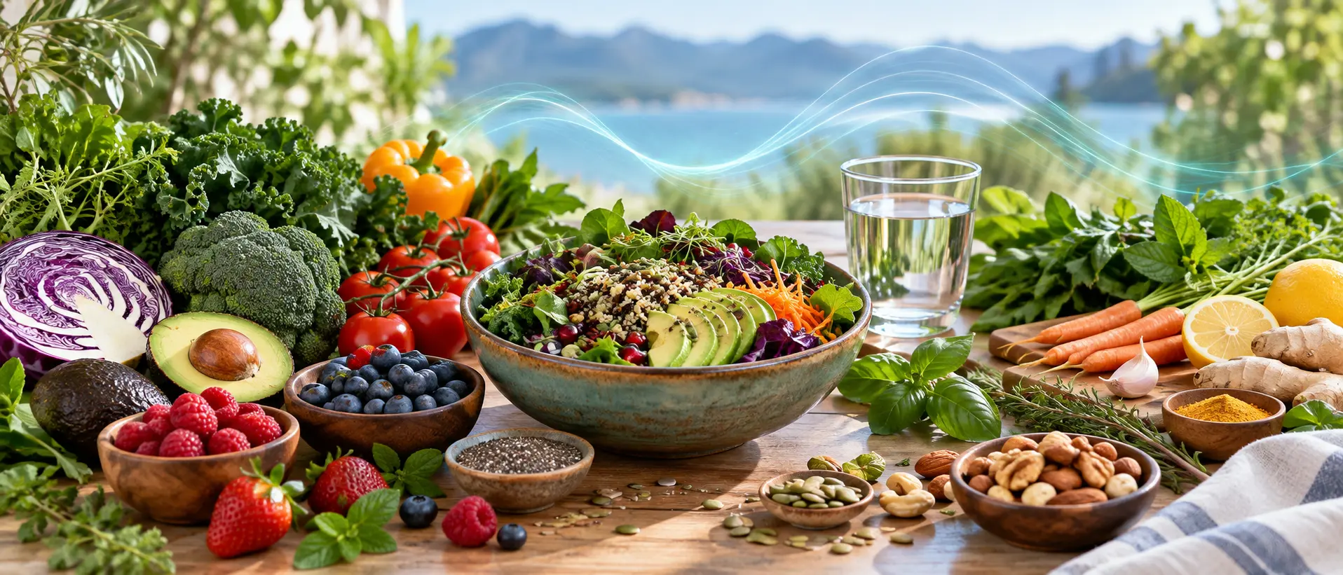 Colorful whole foods, herbs, water, and gentle light waves representing plant-based frequency, diet, and nutrition